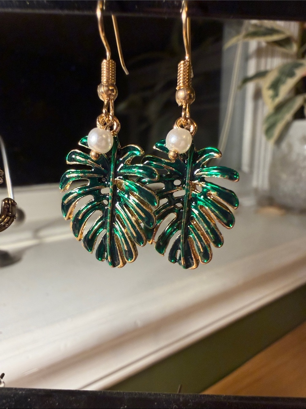 Gold & Emerald Green Monstera Leaf Drop Earrings with Pearl Accent